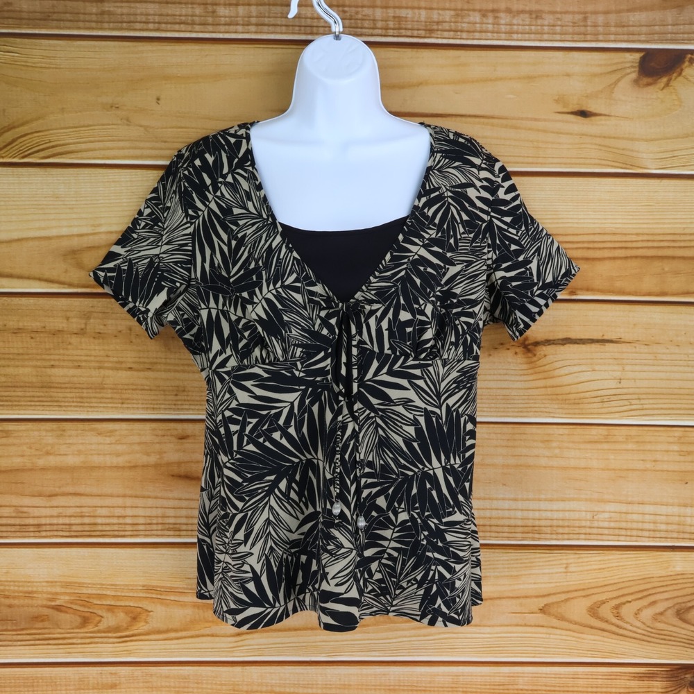 Jaclyn Smith Short‎ Sleeve Blouse Womens Size L Brown Black Leaves Front Tie NWT